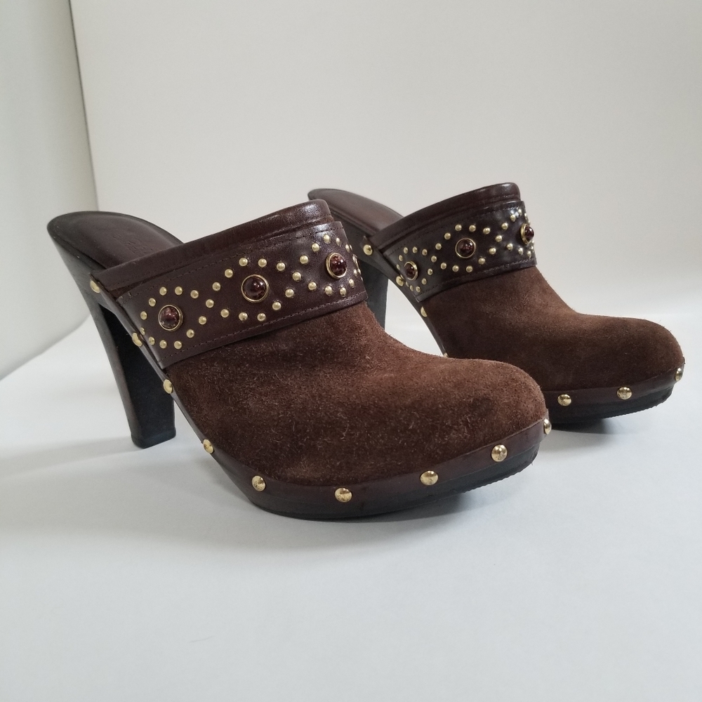 Michael Kors Womens Brown Suede Studded Wooden Mule Clogs Sz 7.5